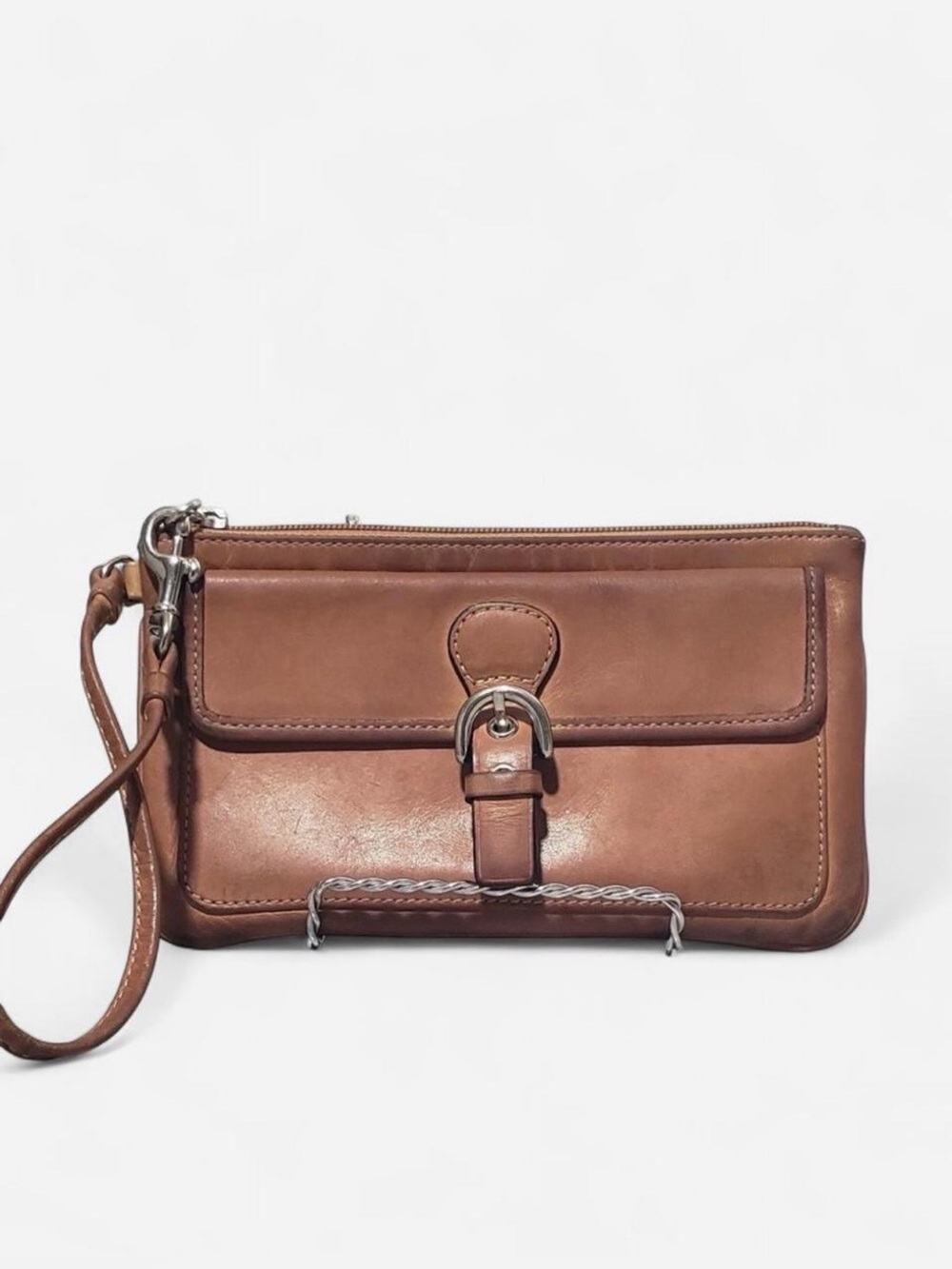 Coach Vintage Tan Leather Wristlet Clutch with Buckle Detail